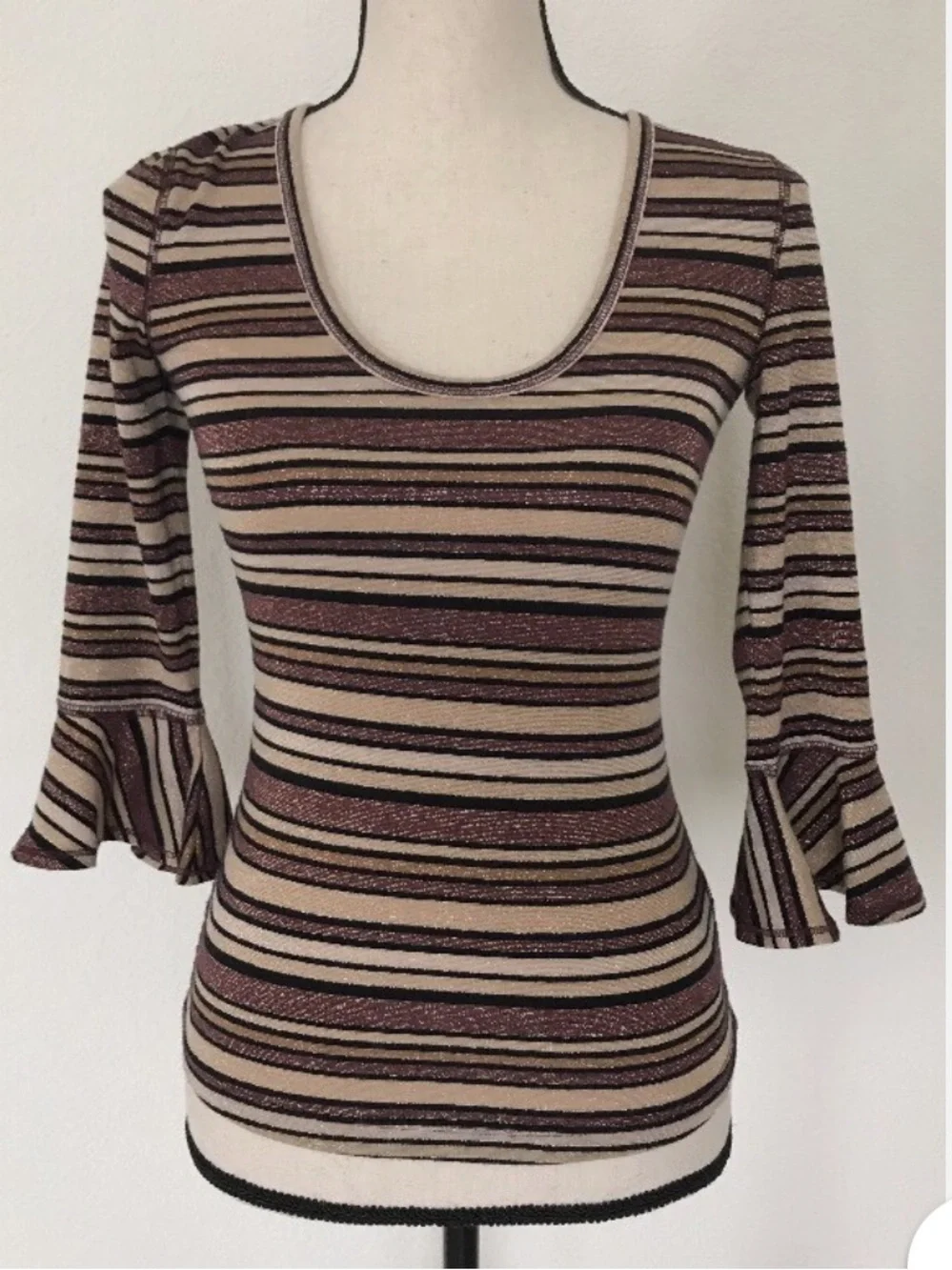Free People Earth Tone Striped Scoop Neck Bell Sleeve Top Metallic Thread Small